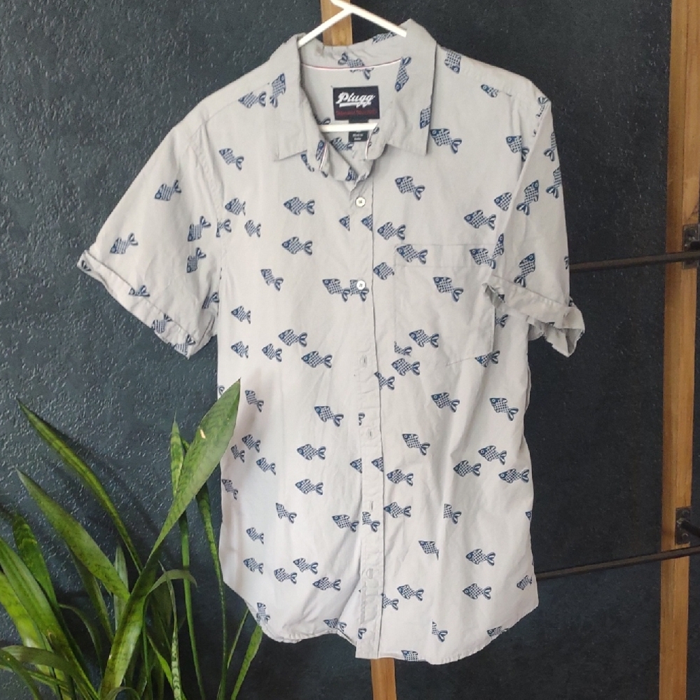 Plugg Gray Shirt with Blue Fish Pattern